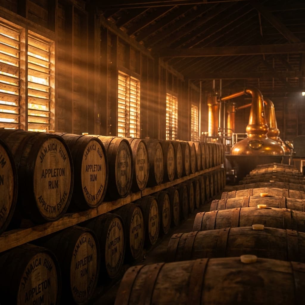Interior of Appleton Estate rum aging house with oak barrels and copper pot stills