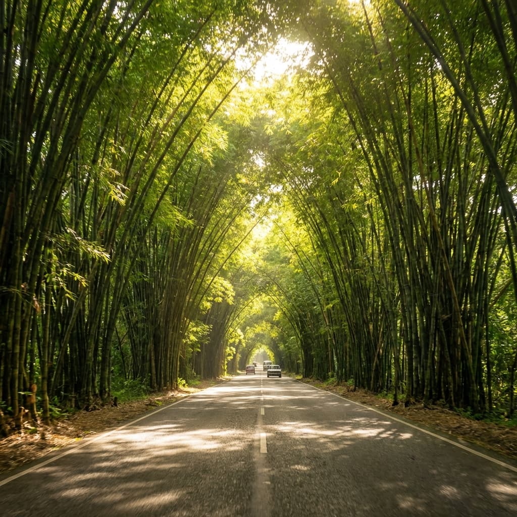 Symmetrical view through the natural bamboo tunnel with god rays filtering through