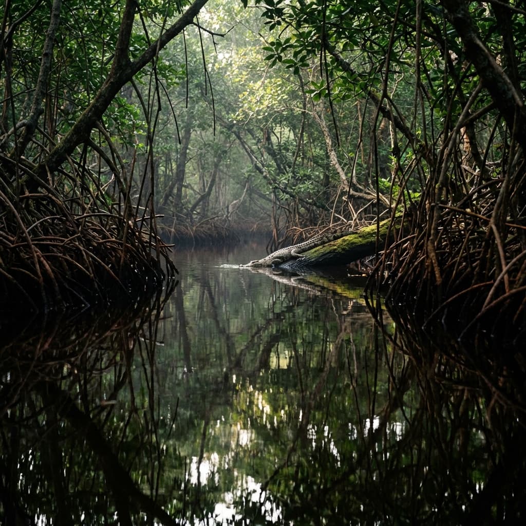 Moody scene of Black River mangroves with crocodile on log in the distance
