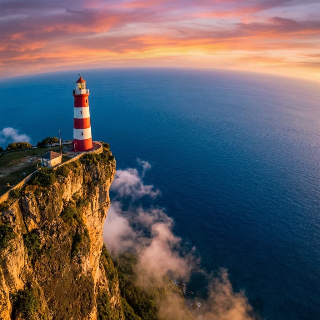Dramatic view from Lover's Leap cliff with lighthouse overlooking the Caribbean Sea