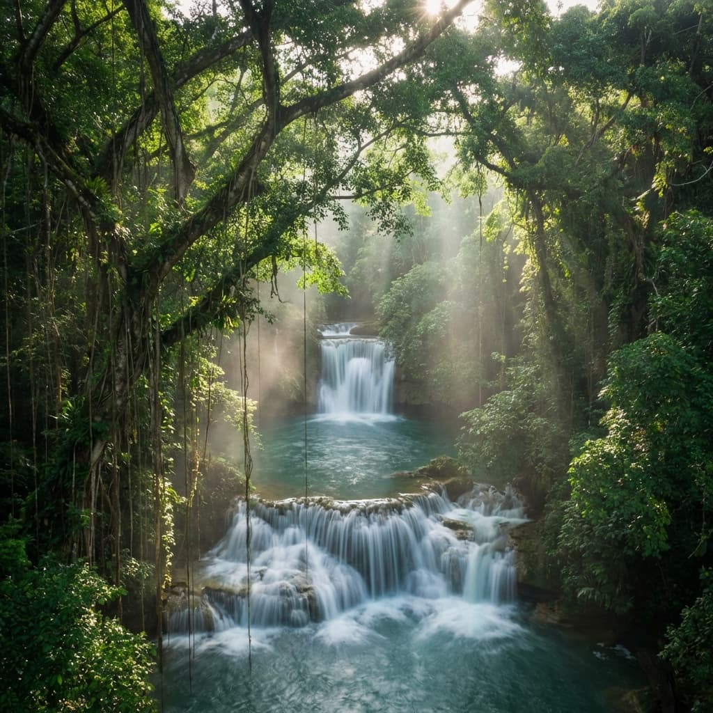 Aerial view of the seven-tiered YS Falls cascading through lush Jamaican jungle